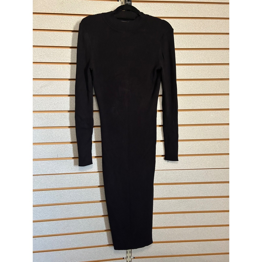 Primark Womens Black Ribbed Mock Neck Long Sleeve Side Slit Midi Bodycon Dress L